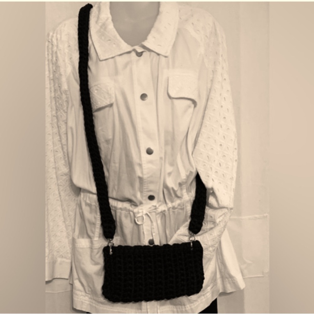 Handmade Phone Crossbody purse crocheted mini purse in black with silver